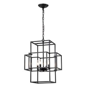 4-Light Metal Lantern Tiered Pendant Hanging Light Fixtures, Industrial Farmhouse Adjustable Height Chandeliers For Dining Room Hallway Foyer Entryway (Option: Matte Black)
